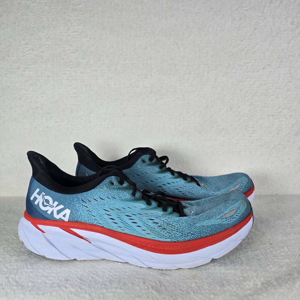 Hoka One Clifton Mens Size 12.5 D Blue Red Athletic Running Shoes Sneakers